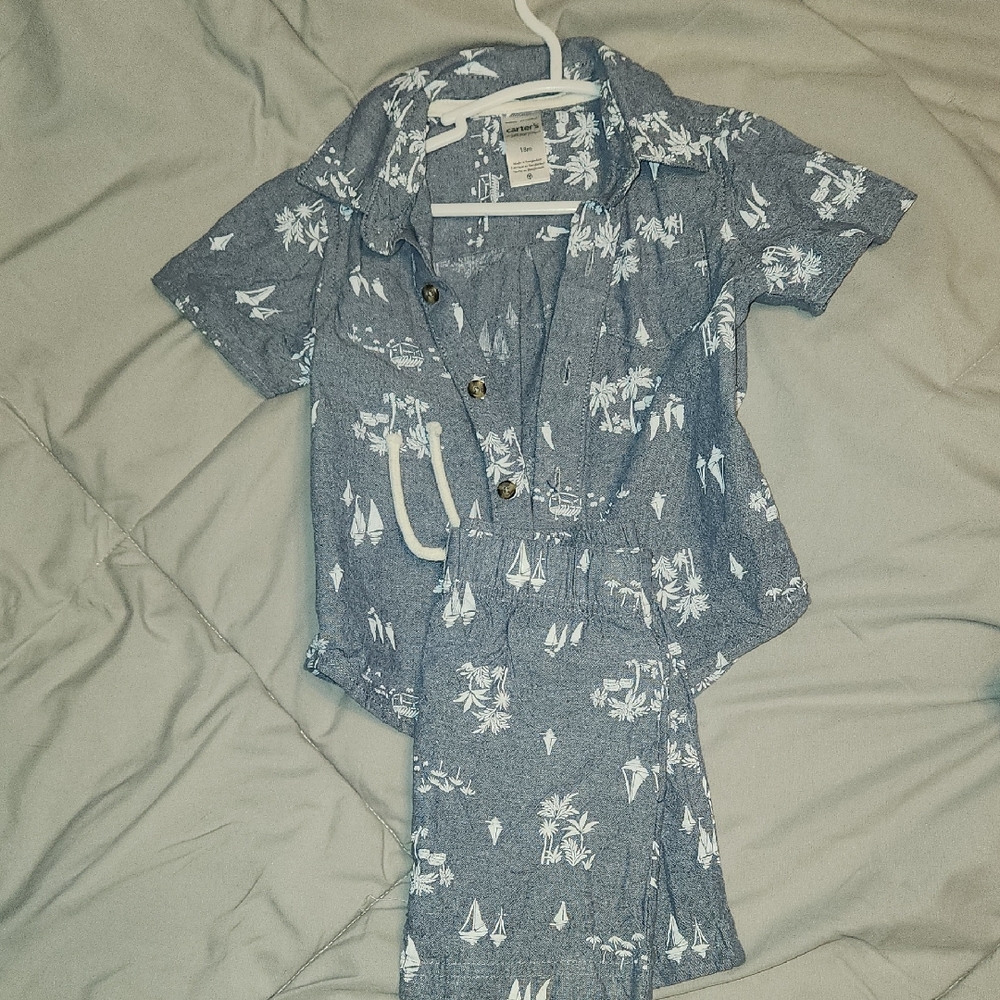 Carter's Just One You Size 18m Blue Chambray Palm/Sailboat Top & Shorts Set (2PC